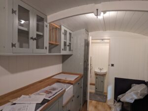 The kitchen and bathroom of a hut going to Cornwall where it will be lived in