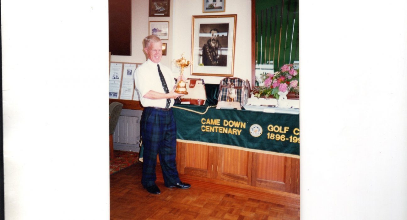 10 Oct Came Down GC Peter pictured with the Ryder Cup at Came Down Golf Clubs Centenary celebrations in 1996