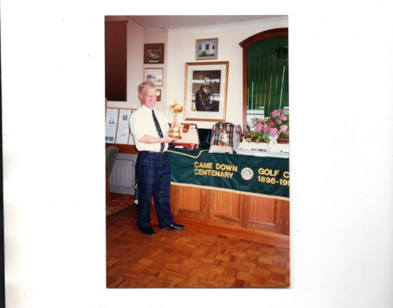 10 Oct Came Down GC Peter pictured with the Ryder Cup at Came Down Golf Clubs Centenary celebrations in 1996