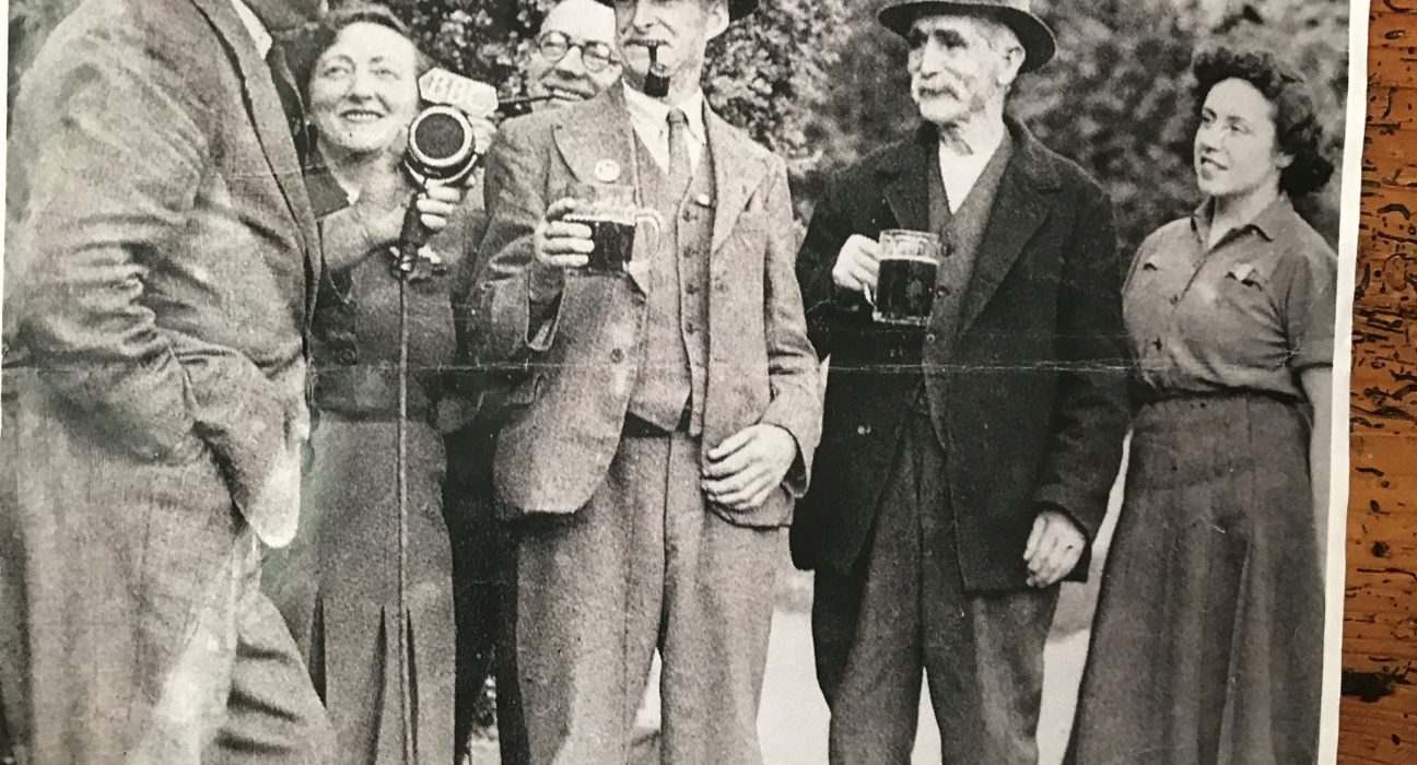 Ralph Wightman on VE Day outside New Inn being recorded for BBC broadcast