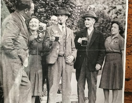 Ralph Wightman on VE Day outside New Inn being recorded for BBC broadcast