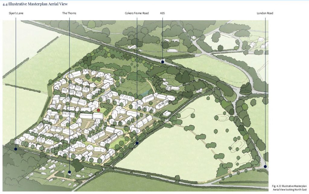 No problem, here's the alt text for this one:Illustrated aerial view looking north-east over the proposed 'Norchester' development, showing up to 500 homes laid out in streets and blocks surrounded by trees and green open space. Key landmarks are labelled: Slyer's Lane to the west, The Thorns to the north-west, Cokers Frome Road cutting through the centre, the A35 along the northern boundary, and London Road to the east. Open farmland and a pond are visible to the south-east of the development. Image: Brooks Murray Architects / Bidwells Planning.