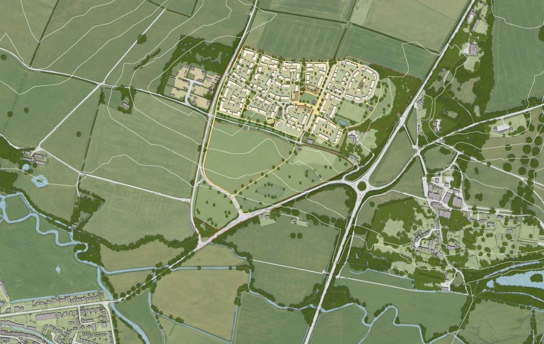 Illustrative masterplan shows how a proposed development of up to 500 homes would sit within farmland north of Dorchester between the A35 and Slyers Lane Brooks Murray Architects Bidwells Planning