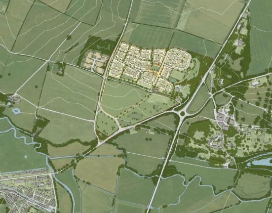 Illustrative masterplan shows how a proposed development of up to 500 homes would sit within farmland north of Dorchester between the A35 and Slyers Lane Brooks Murray Architects Bidwells Planning