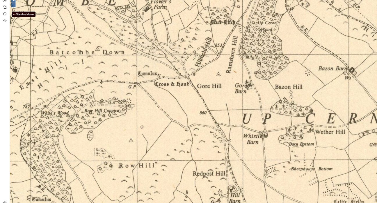 A cream-coloured historical ordnance survey map showing the Marshwood Vale area in Dorset. The map displays named locations including Balcombe Down, White's Wood, Cross & Hand, Gore Hill, Bazon Hill, Redpost Hill, Row Hill, Cumulus, and various farms such as Whistled Barn, Wether Hill Farm and Sheephouse Bottom. Wooded areas are indicated with small tree symbols, contour lines show elevation, and field boundaries are marked with dotted and solid lines. Place names visible include Cummulus, Cerne Vale and Celtic Fields. The map appears to be a historical survey document from the 19th or early 20th century.