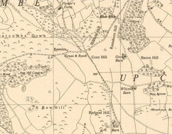 A cream-coloured historical ordnance survey map showing the Marshwood Vale area in Dorset. The map displays named locations including Balcombe Down, White's Wood, Cross & Hand, Gore Hill, Bazon Hill, Redpost Hill, Row Hill, Cumulus, and various farms such as Whistled Barn, Wether Hill Farm and Sheephouse Bottom. Wooded areas are indicated with small tree symbols, contour lines show elevation, and field boundaries are marked with dotted and solid lines. Place names visible include Cummulus, Cerne Vale and Celtic Fields. The map appears to be a historical survey document from the 19th or early 20th century.