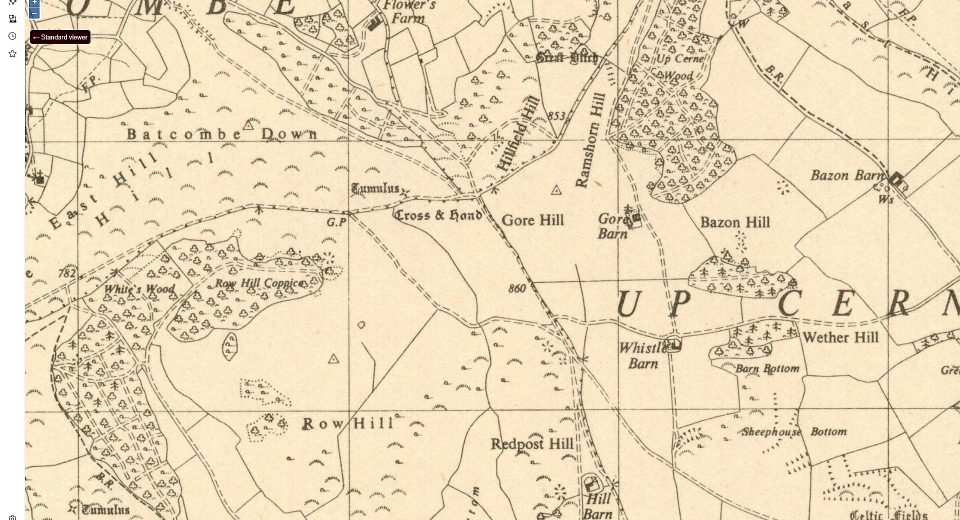 A cream-coloured historical ordnance survey map showing the Marshwood Vale area in Dorset. The map displays named locations including Balcombe Down, White's Wood, Cross & Hand, Gore Hill, Bazon Hill, Redpost Hill, Row Hill, Cumulus, and various farms such as Whistled Barn, Wether Hill Farm and Sheephouse Bottom. Wooded areas are indicated with small tree symbols, contour lines show elevation, and field boundaries are marked with dotted and solid lines. Place names visible include Cummulus, Cerne Vale and Celtic Fields. The map appears to be a historical survey document from the 19th or early 20th century.