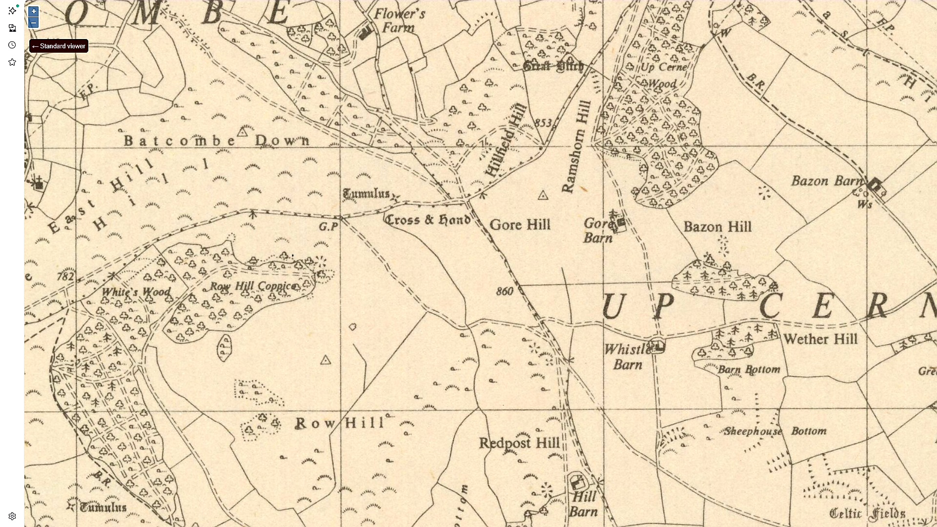 A cream-coloured historical ordnance survey map showing the Marshwood Vale area in Dorset. The map displays named locations including Balcombe Down, White's Wood, Cross & Hand, Gore Hill, Bazon Hill, Redpost Hill, Row Hill, Cumulus, and various farms such as Whistled Barn, Wether Hill Farm and Sheephouse Bottom. Wooded areas are indicated with small tree symbols, contour lines show elevation, and field boundaries are marked with dotted and solid lines. Place names visible include Cummulus, Cerne Vale and Celtic Fields. The map appears to be a historical survey document from the 19th or early 20th century.