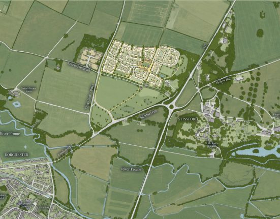 An aerial-style illustrated masterplan showing the proposed 'Norchester' proposed housing development north of Dorchester, Dorset. The development site, rendered in warm cream and yellow tones, sits on agricultural land between Cokers Frome Road to the north and Stinsford Hill to the south, accessed via Slyers Lane (B3143). The plan shows clusters of proposed housing arranged around internal roads and green spaces, with a denser central area highlighted in amber suggesting a local hub or community focal point.