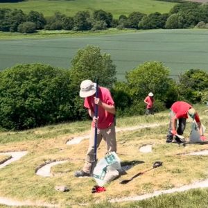 Three National Trust volunteers in red shirts work on re-chalking the face of the Cerne Abbas Giant, with the curved chalk lines of his features visible in the grass around them. In the foreground, a volunteer in a cream sun hat presses down on a long-handled tool to compact fresh chalk into the outline, with an open sack of chalk and a spade at his feet. To the right, another volunteer bends over the line with a hand tool, while a third works further up the slope. Behind them, the green fields, hedgerows and trees of the Dorset countryside stretch into the distance under bright summer sunshine.