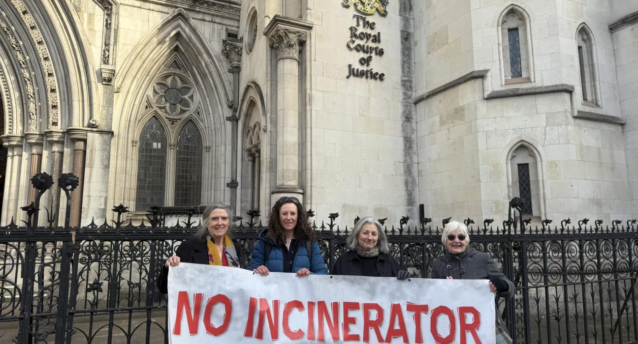 Four women stand outside The Royal Courts of Justice holding a white banner with red text reading "NO INCINERATOR." The building behind them features Gothic architecture with ornate stone archways, decorative windows, the royal coat of arms, and black decorative fencing. The women are dressed in winter clothing and appear to be at a public demonstration or protest.