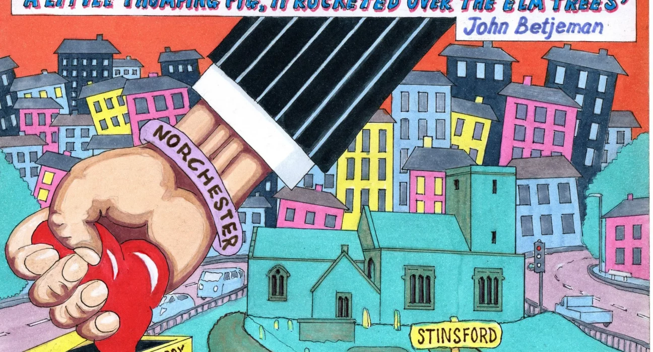 Cartoon illustration titled 'Hardy's Heart' by Lyndon Wall, showing a giant arm labelled Norchester crushing Thomas Hardy's heart from his Stinsford grave, with a bulldozer looming over the town and a Betjeman quote about Hardy's heart flying over the elm trees.