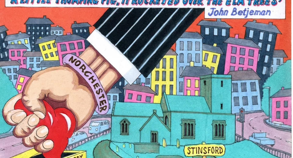 Cartoon illustration titled 'Hardy's Heart' by Lyndon Wall, showing a giant arm labelled Norchester crushing Thomas Hardy's heart from his Stinsford grave, with a bulldozer looming over the town and a Betjeman quote about Hardy's heart flying over the elm trees.