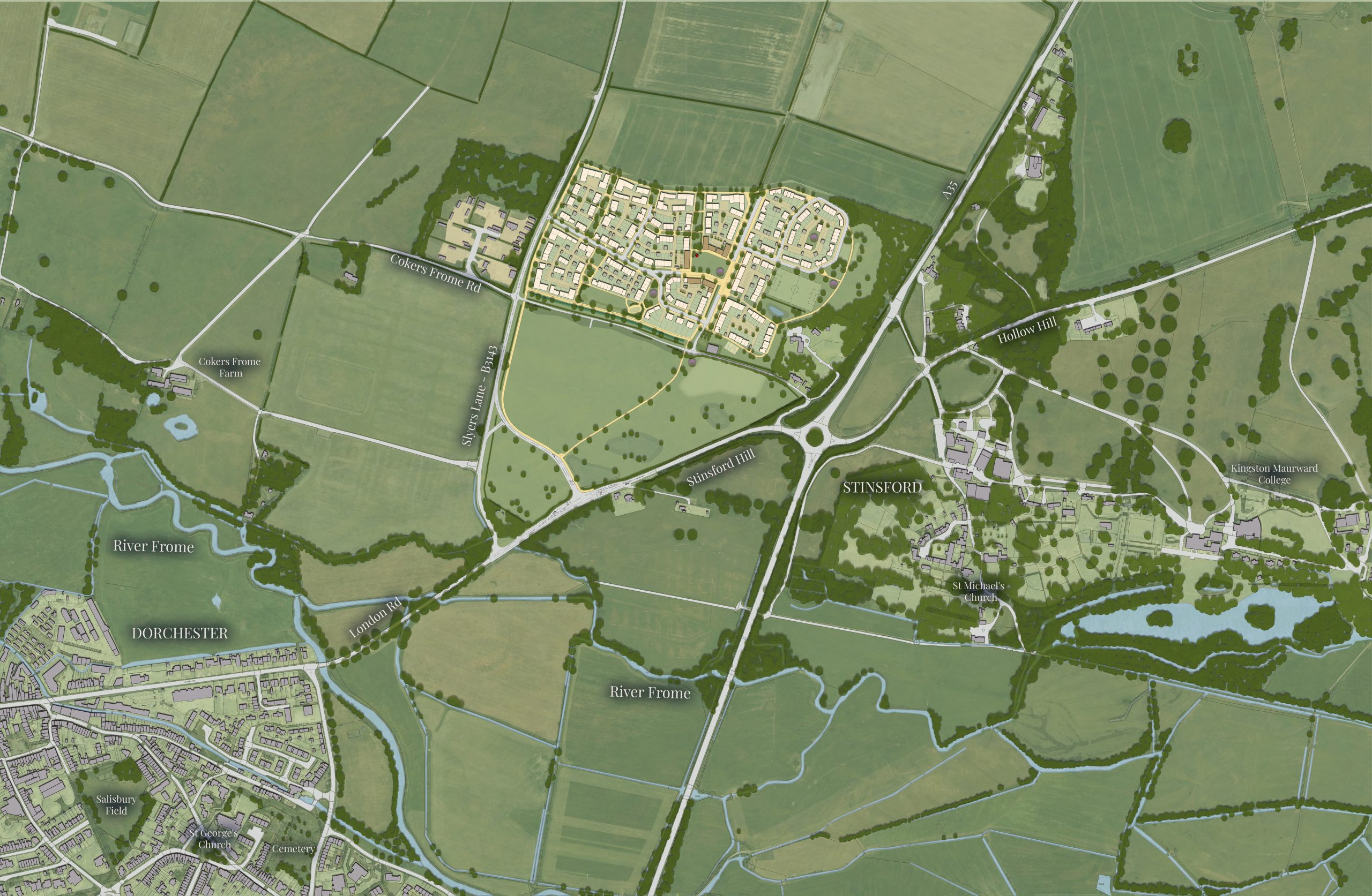 Illustrative masterplan showing the proposed Norchester development of up to 500 homes on farmland north of Dorchester, between the A35 and Slyer's Lane, with new roundabout access, green open space and surrounding countryside. Copyright Grainger Plc