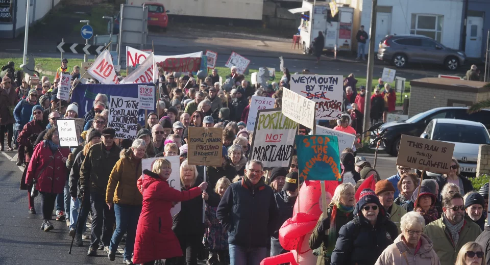 Campaigners on the march on Portland to protest against plans to build an incinerator on the island
