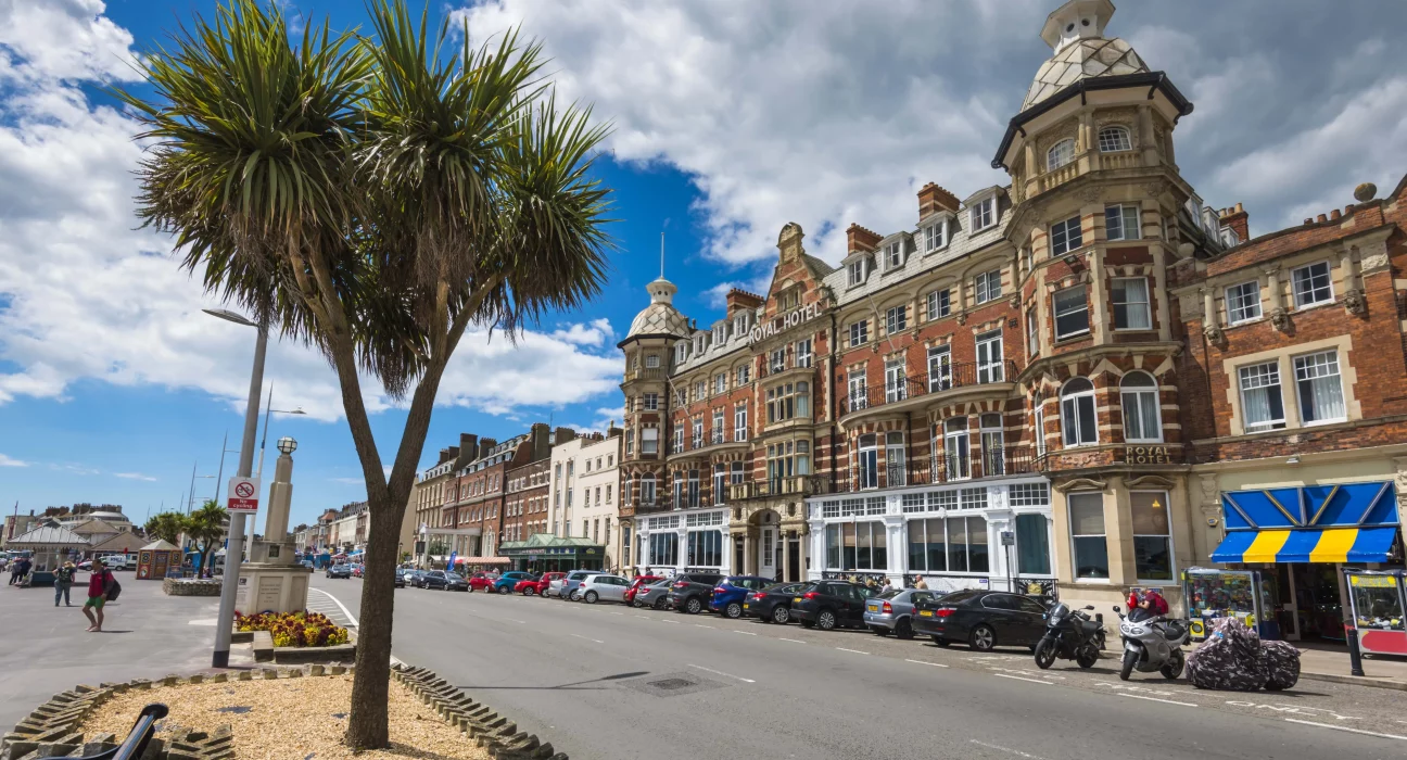 The Royal Hotel and Georgian buildings along Weymouth's Esplanade, part of the town's heritage trail.