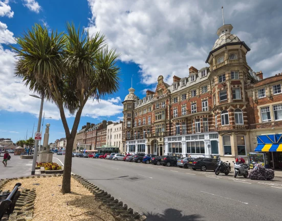 The Royal Hotel and Georgian buildings along Weymouth's Esplanade, part of the town's heritage trail.