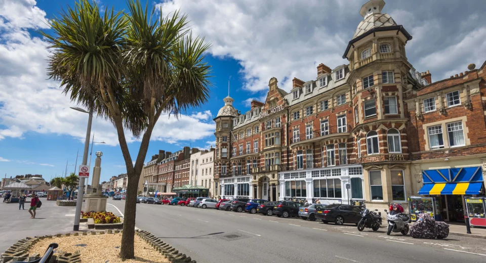 The Royal Hotel and Georgian buildings along Weymouth's Esplanade, part of the town's heritage trail.
