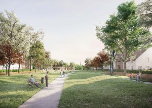 Developer's CGI of a proposed green corridor at North Dorchester Garden Community ('Norchester'), showing new homes, a footpath, and residents walking and cycling, with a church spire visible in the distance.