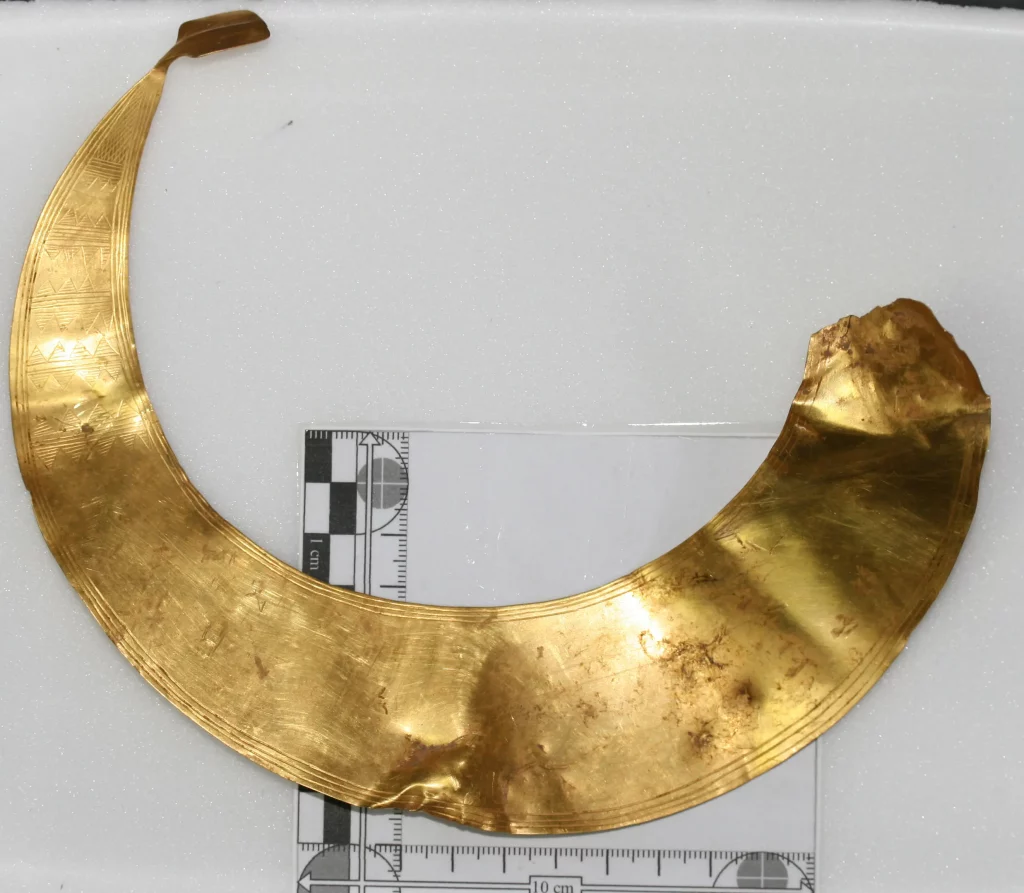 Bronze Age gold lunula found by metal detectors in Dorset's Tarrant Valley, a thin crescent-shaped neck ornament with geometric patterns, laid flat on a white background next to a centimetre scale ruler.