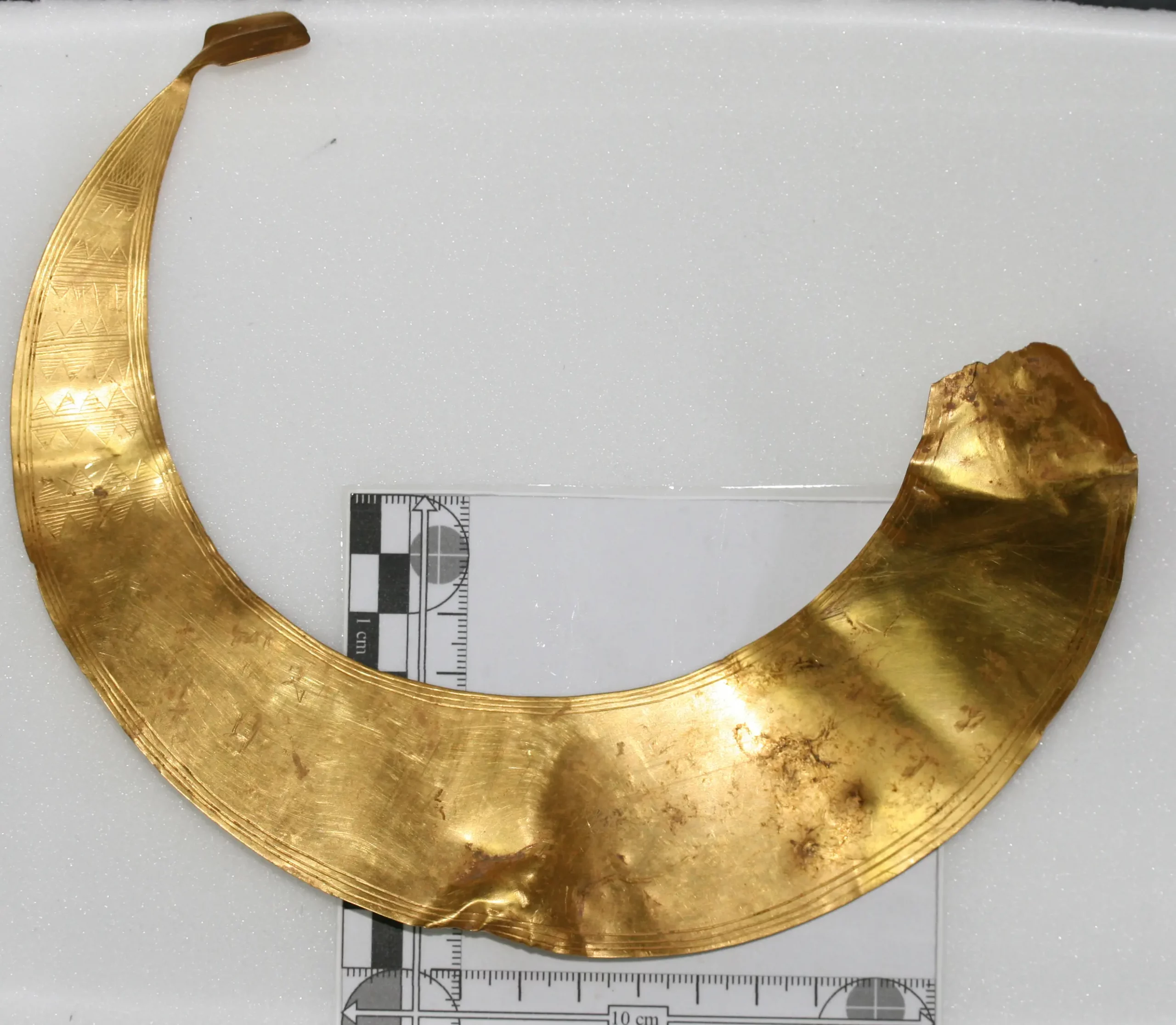 Bronze Age gold lunula found by metal detectors in Dorset's Tarrant Valley, a thin crescent-shaped neck ornament with geometric patterns, laid flat on a white background next to a centimetre scale ruler.