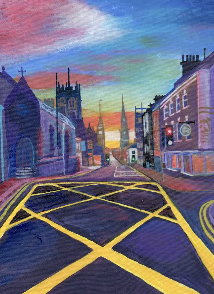 Dorset art: Lucy Warren's stunning Dorset painting of Dorchester High Street at sunset with church spires"