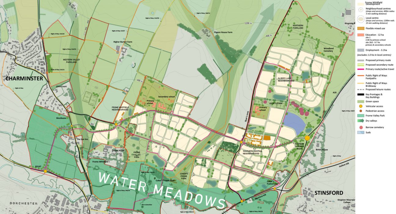 North Dorchester Garden Community ('Norchester') masterplan showing proposed neighbourhoods including Slyer's Lane, Southern Central and Frome Whitfield, with schools, green space and the Frome Valley Park water meadows near Charminster, Stinsford and Dorchester.