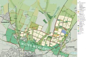 North Dorchester Garden Community ('Norchester') masterplan showing proposed neighbourhoods including Slyer's Lane, Southern Central and Frome Whitfield, with schools, green space and the Frome Valley Park water meadows near Charminster, Stinsford and Dorchester.