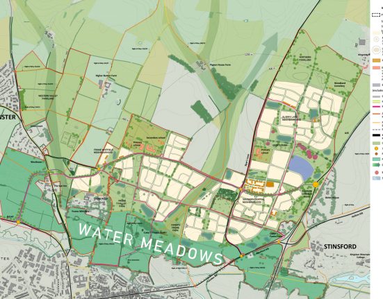 North Dorchester Garden Community ('Norchester') masterplan showing proposed neighbourhoods including Slyer's Lane, Southern Central and Frome Whitfield, with schools, green space and the Frome Valley Park water meadows near Charminster, Stinsford and Dorchester.