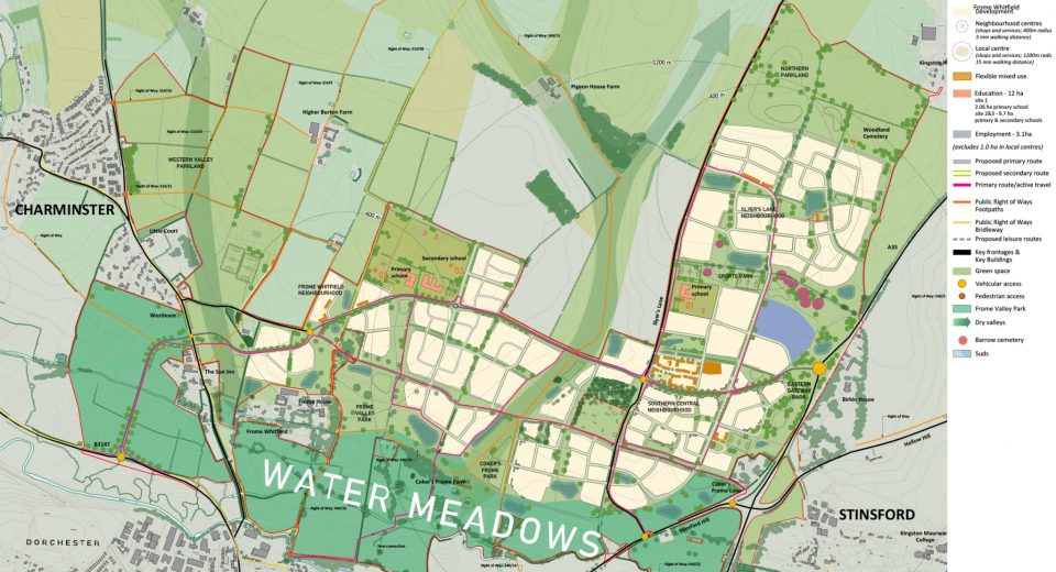 North Dorchester Garden Community ('Norchester') masterplan showing proposed neighbourhoods including Slyer's Lane, Southern Central and Frome Whitfield, with schools, green space and the Frome Valley Park water meadows near Charminster, Stinsford and Dorchester.