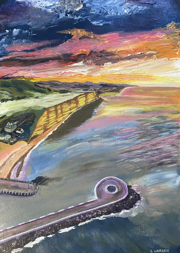 Dorset art: Lucy Warren's stunning Dorset painting of West Bay's aerial harbour view at sunset"