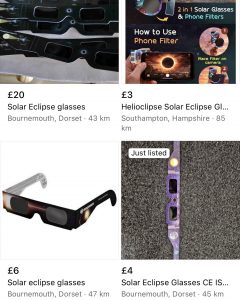 Where to buy solar eclipse glasses in Dorset and the best places to watch.: Screenshot of Facebook Marketplace search results for solar eclipse glasses, showing four listings: card-style eclipse glasses for £20 in Bournemouth, Dorset; a £3 Helioclipse solar glasses and phone filter kit from Southampton; £6 Bresser-branded eclipse glasses from Bournemouth; and a £4 space-print pair listed as 'Just listed' in Bournemouth.