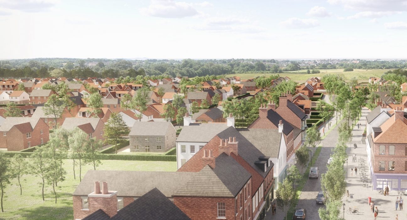 CGI image of the proposed Norchester village centre near Dorchester, Thomas Hardy's home county town, showing traditional-style housing and a high street