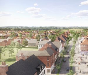 CGI image of the proposed Norchester (North Dorchester Garden Community) village centre near Dorchester, Thomas Hardy's home county town, showing traditional-style housing and a high street