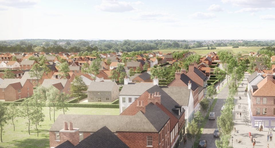 CGI image of the proposed Norchester village centre near Dorchester, Thomas Hardy's home county town, showing traditional-style housing and a high street
