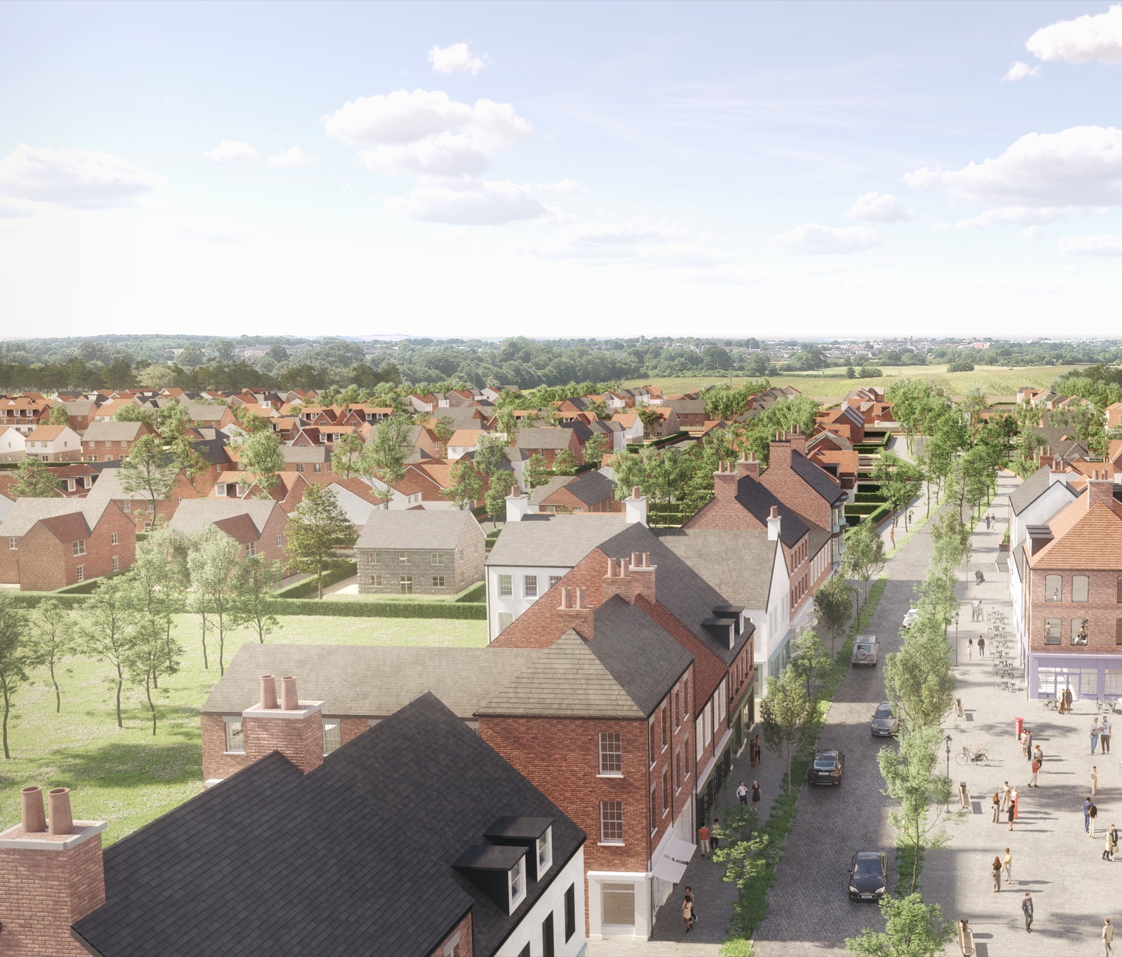 CGI image of the proposed Norchester (North Dorchester Garden Community) village centre near Dorchester, Thomas Hardy's home county town, showing traditional-style housing and a high street