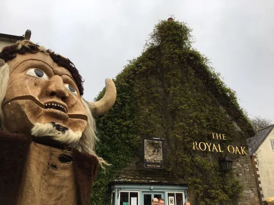Among the Wessex Morris Men's most treasured possessions is the Dorset Ooser (pronounced “oozer”), a striking carved head with a large wooden face and oversized horns, made from a single log by John Byfleet using nothing more than a small pen-knife