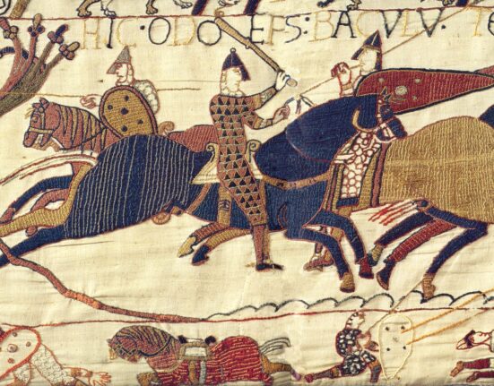 Bayeux Tapestry Dorset talk: scene of Bishop Odo of Bayeux rallying Norman knights with a club at the Battle of Hastings, discussed by military historian James Porter for the Dorchester-Bayeux Society