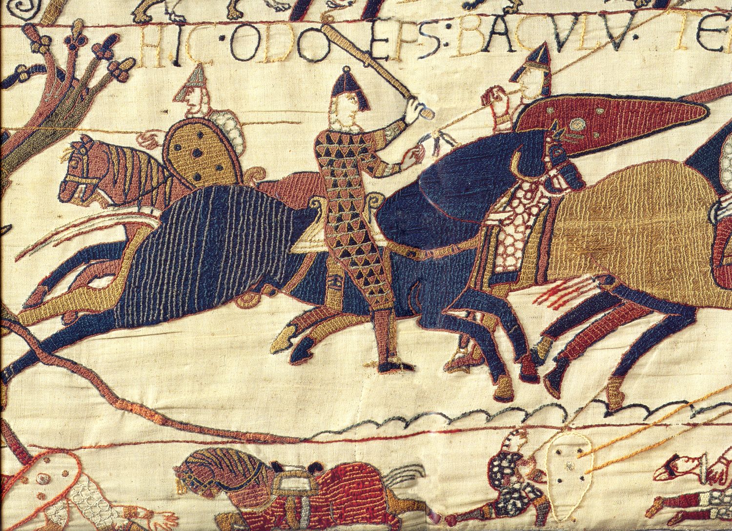 Bayeux Tapestry Dorset talk: scene of Bishop Odo of Bayeux rallying Norman knights with a club at the Battle of Hastings, discussed by military historian James Porter for the Dorchester-Bayeux Society