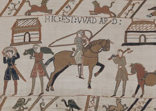 Section of the Bayeux Tapestry showing Norman knight Wadard of Bayeux on horseback, with the Latin inscription HIC EST WADARD