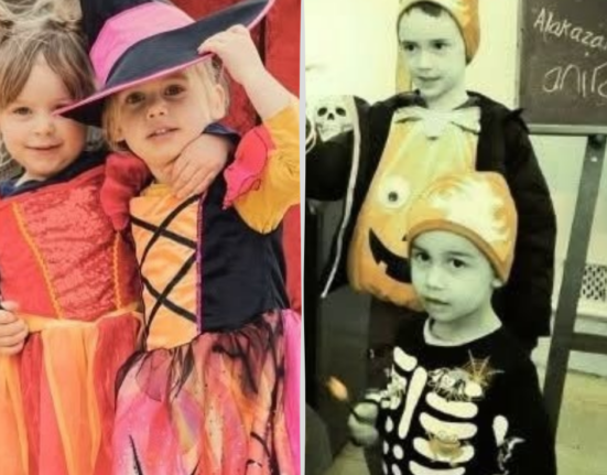 Four children in Halloween costumes including witch dresses, a pumpkin outfit and a skeleton top, celebrating Halloween in Weymouth