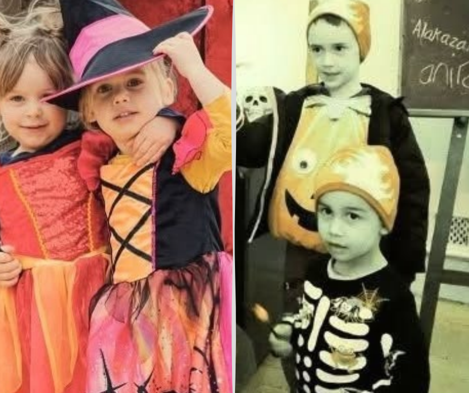 Four children in Halloween costumes including witch dresses, a pumpkin outfit and a skeleton top, celebrating Halloween in Weymouth