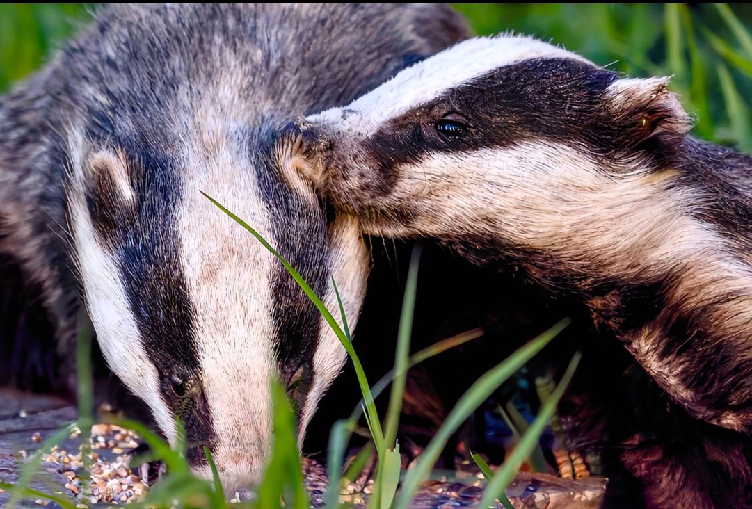 Chris Jury Lovejoy actor’s wildlife photograph of two badgers feeding on seed among long grass at Buckland Newton, Dorset, one nuzzling the other’s ear.