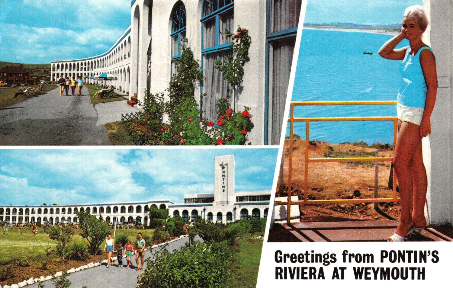 Vintage postcard of the Riviera Hotel Weymouth during its Pontins era, showing the curved white arched façade with blue trim, holidaymakers on the lawns and paths, and a woman posing on a balcony overlooking the sea, with the caption “Greetings from Pontin’s Riviera at Weymouth