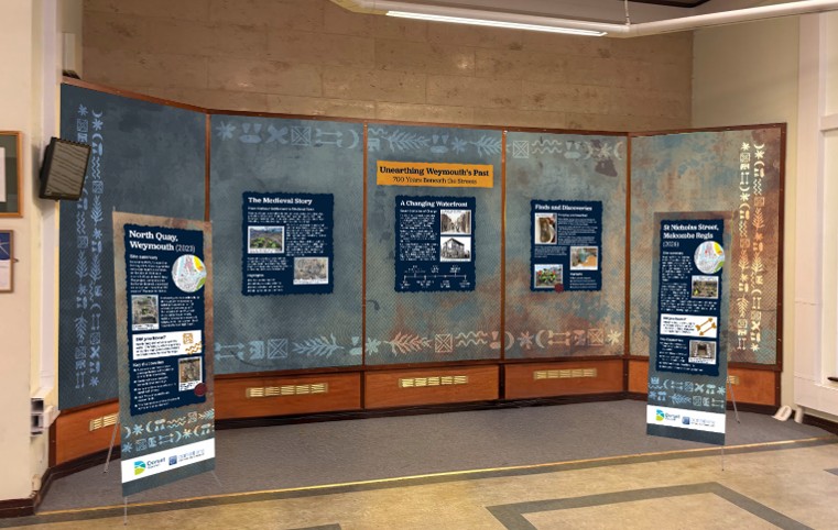 Dorset archaeology: the Unearthing Weymouth’s Past exhibition in the foyer of County Hall, Dorchester, with display panels on the medieval story, the changing waterfront and finds and discoveries, alongside pull-up banners on the North Quay and St Nicholas Street excavations.